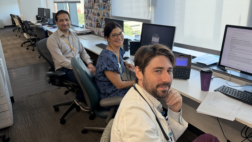 Three colleagues working at computer stations in a bright office workspace with desks, monitors, and large windows.