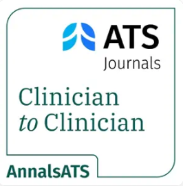 ATS Journals graphic featuring a blue abstract lung icon and the text “ATS Journals.” Below, the title reads “Clinician to Clinician,” with “to” in italics, and “AnnalsATS” appears at the bottom. The design is set within a rounded rectangular border on a white background.