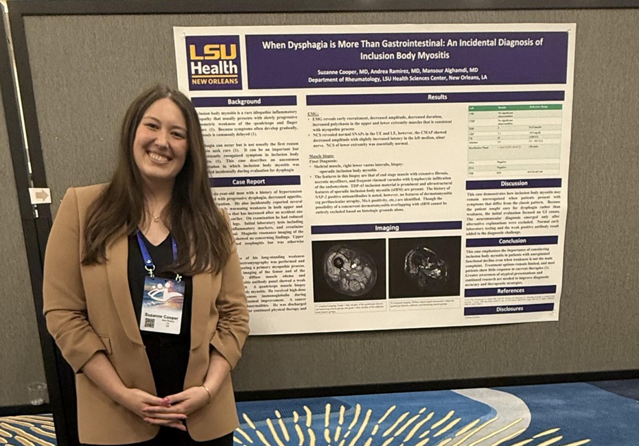 A conference attendee stands beside a research poster during a medical conference poster session. The poster is mounted on a display board and features text, medical images, and study findings.
