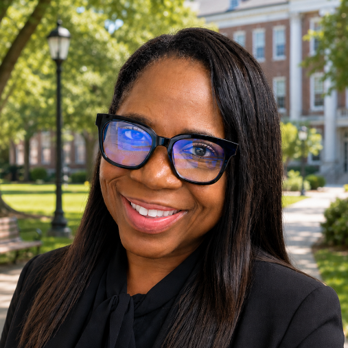 Professional outdoor head-and-shoulders portrait of a person with long dark hair and dark-framed glasses, wearing a black blazer and black blouse. The person is standing on a tree-lined campus walkway with a bench, lamppost, and a brick building with white columns visible in the softly blurred background. Sunlight filters through the trees, creating a bright, natural setting.