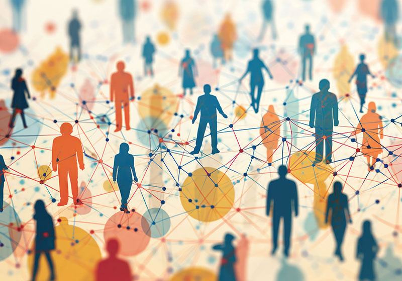 Visual representation of people connected through a digital social network, symbolizing relationships and data exchange Illustration of a diverse network of interconnected people representing social connections and data sharing in a digital community.
