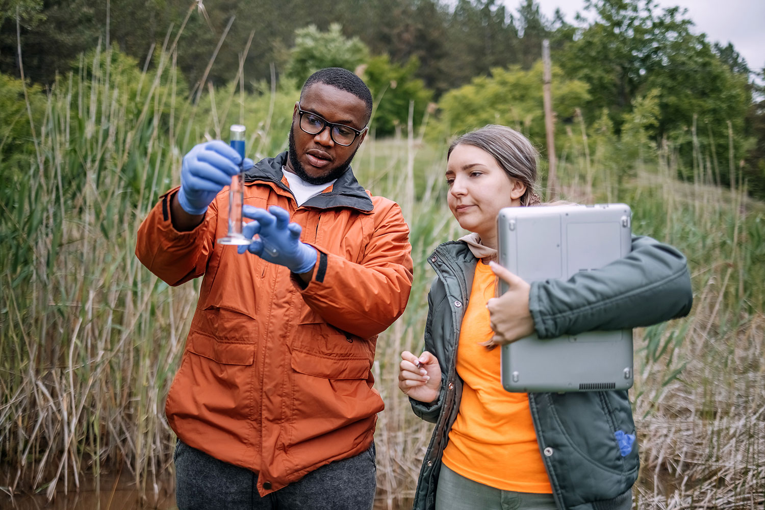 Two environmental scientists analyzing a water sample in a wetland area; one holds a graduated cylinder while the other holds a laptop and observes.