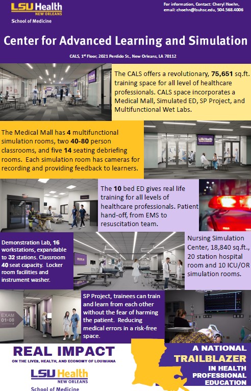 Promotional flyer from LSU Health New Orleans School of Medicine titled “Center for Advanced Learning and Simulation.” The flyer uses a purple, gold, and white color scheme and includes multiple photos of modern healthcare training environments. Images depict a bright, open medical mall-style hallway with glass-walled rooms, simulation labs with hospital beds and medical equipment, a classroom with rows of seats, and clinical spaces where individuals practice procedures on mannequins. A close-up image shows flashing emergency vehicle lights. Text highlights that the facility is 75,651 square feet and includes a medical mall, simulated emergency department, standardized patient project (SP Project), and multifunctional wet labs. Additional text describes four large simulation rooms, two classrooms seating 40–80 people, five debriefing rooms with recording capabilities, and a 10-bed emergency department used for real-life patient care scenarios. A demonstration lab has 16 workstations expandable to 32, and a nursing simulation center includes 20 inpatient rooms and 10 ICU or operating room simulation spaces. The flyer also notes locker rooms, instrument washers, and risk-free training to reduce medical errors. The bottom section features LSU Health branding, the phrase “Real Impact,” and a statement calling the program “A national trailblazer in health professional education.”