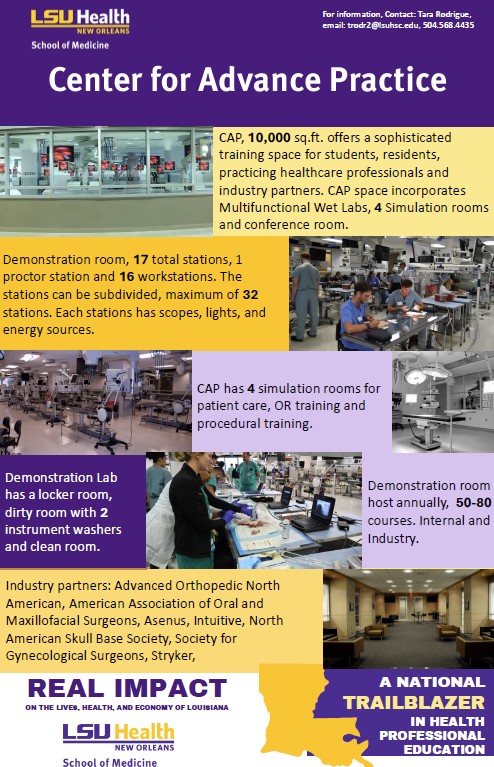 Promotional flyer from LSU Health New Orleans School of Medicine titled “Center for Advance Practice.” The design features a purple and gold color scheme with multiple photos of clinical training spaces. Images show a modern simulation lab with hospital beds and equipment, a classroom-style training area where several people practice medical procedures at workstations, and additional rooms with surgical lighting and technology. Text highlights that the 10,000-square-foot center includes multifunctional wet labs, four simulation rooms, a conference room, and a demonstration room with 17 stations (expandable to 32), each equipped with scopes, lights, and energy sources. Additional text notes a demonstration lab with locker and clean rooms, partnerships with major medical organizations, and that the facility hosts 50–80 courses annually. The bottom section features LSU Health branding, the phrase “Real Impact,” and a statement calling the program “A national trailblazer in health professional education.”