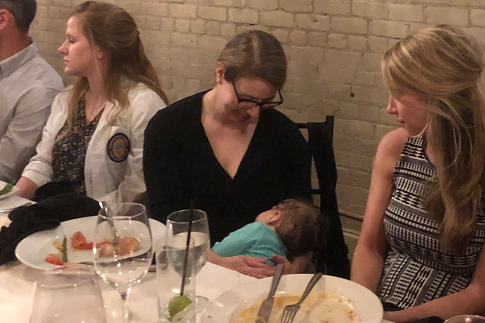 Dr. Anna Cohen-Rosenblum and her new baby at journal club