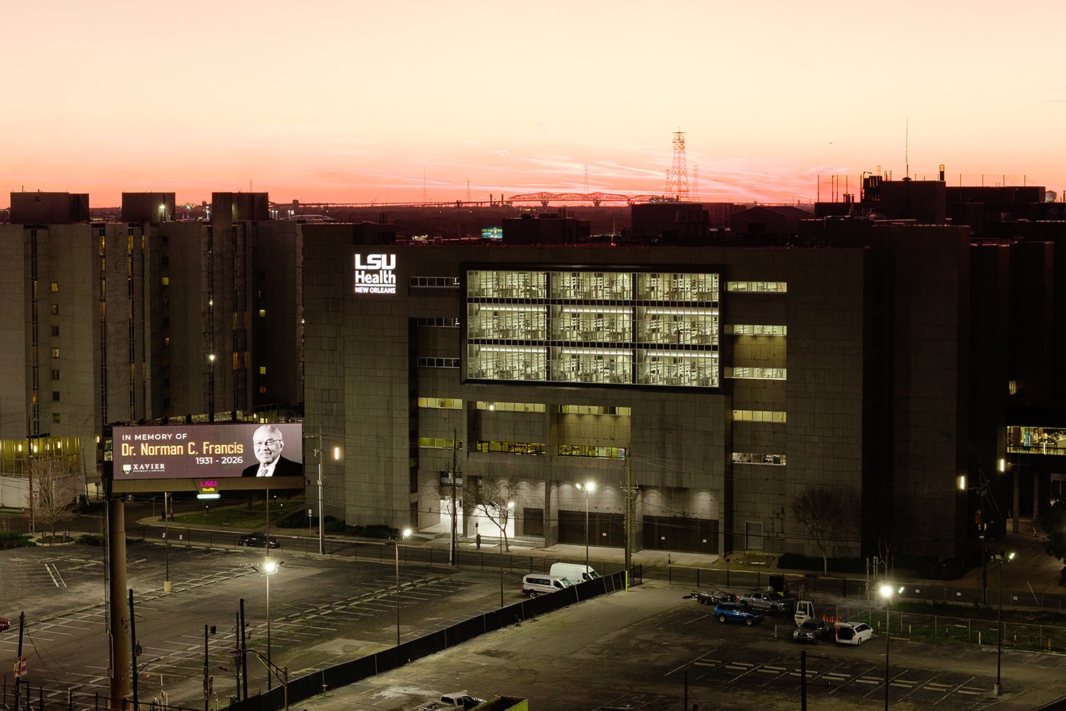 LSUHSC New Orleans MEB exterior at dusk